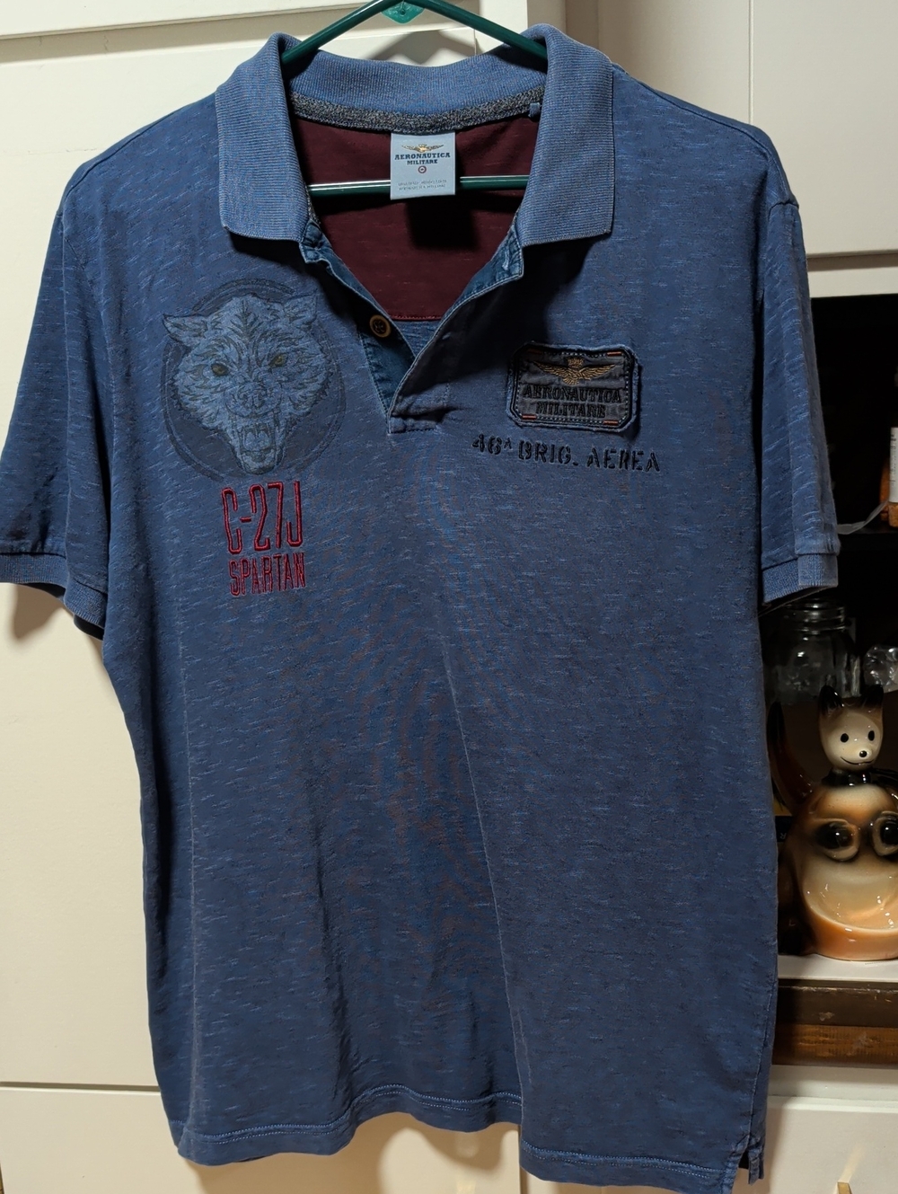 Aeronautica Militare Blue Polo with Embroidered Wolf Patch and Red Accent